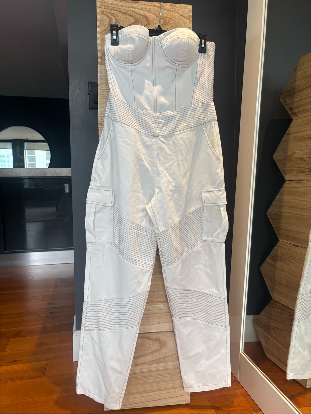 Retrofete White Strapless Denim Jumpsuit with Corset Bodice